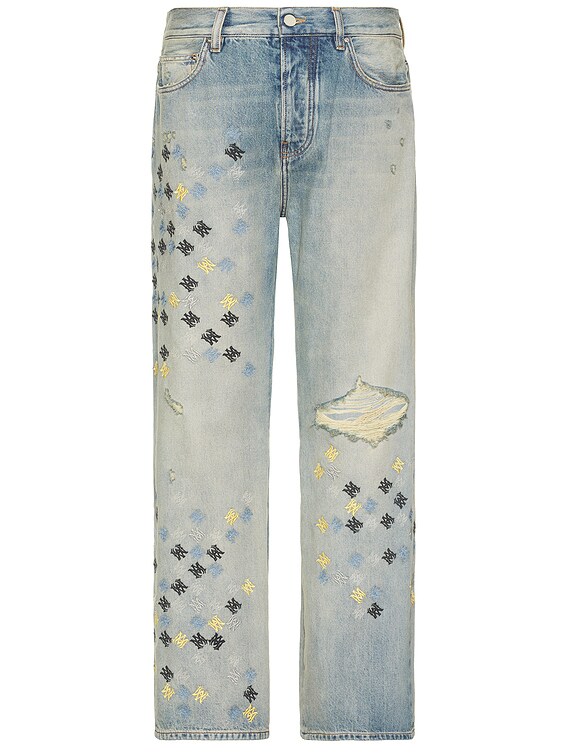 Amiri MA Quad Embroidered Flared Jeans in Antique Indigo | FWRD