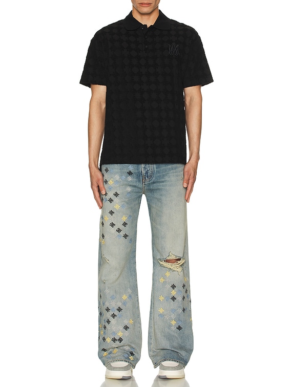 AMIRI☆Ma Quad 刺繍フレアジーンズ Amiri MA Quad Embroidered Flared Jeans in Antique Indigo | FWRD