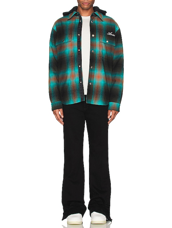 AMIRI Hooded Overshirt チェックシャツ ジョンハン着用 Amiri Plaid Hooded Padded Overshirt in Teal | FWRD