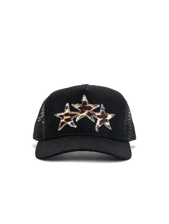 Amiri Three Star Trucker Hat in Black & Leopard | FWRD