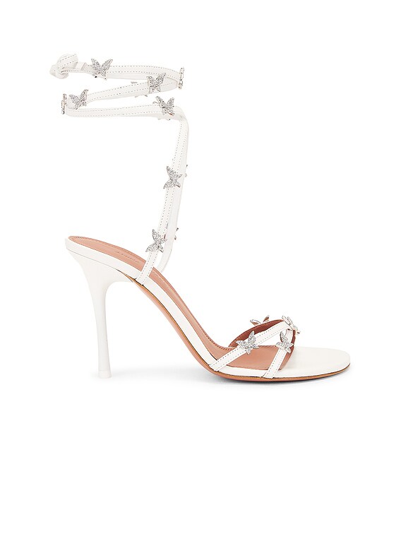 AMINA MUADDI Debora 95 Lace Up Sandal In White & White Crystals in