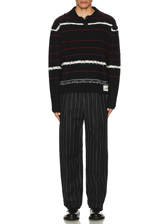Andersson Bell★LOCHES FLOWER POLO SWEATER★Wool + Mohair Andersson Bell B&W Stripe Polo Sweater in Black | FWRD