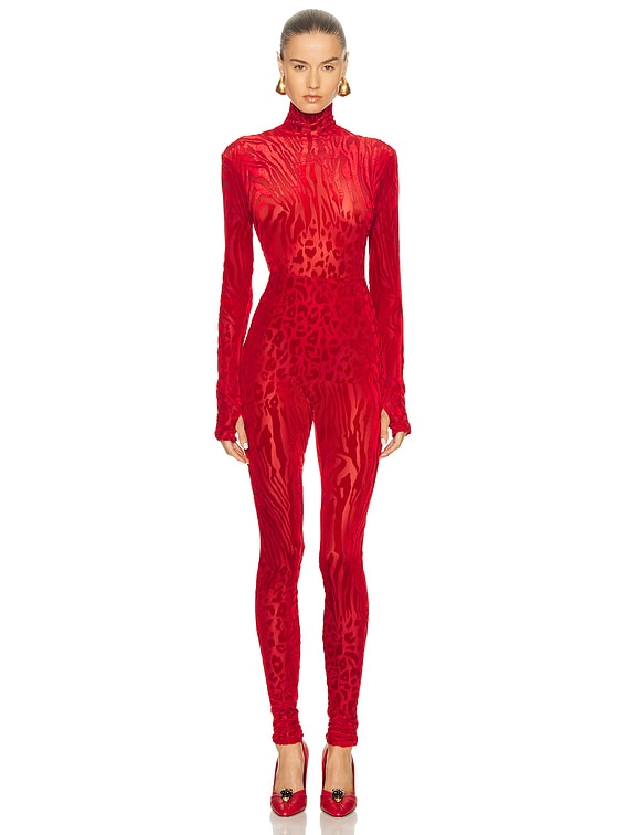 Alex Perry Animal Print Burnout Catsuit in Red | FWRD