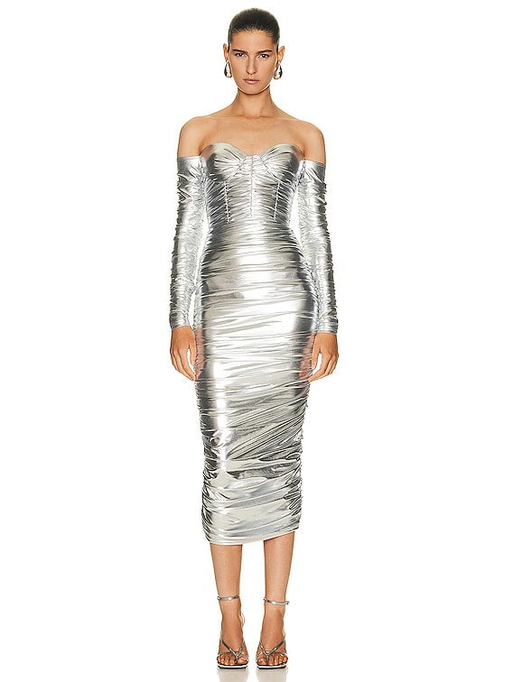 Alex Perry Dale Off Shoulder Cup Dress in Silver
