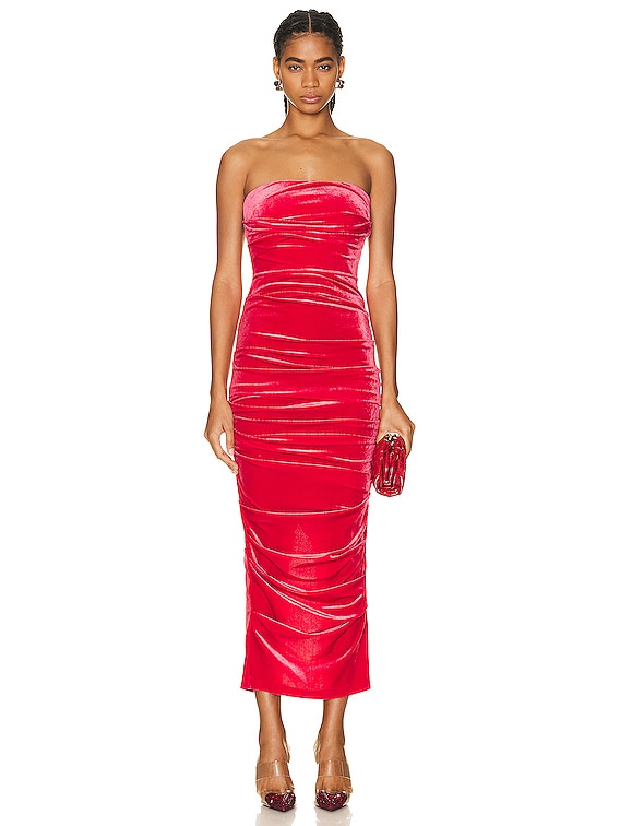 Alex Perry Parkin Velvet Tucked Strapless Dress in Red | FWRD