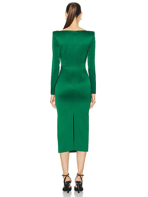 Alex Perry Long Sleeve Satin Drape Corset Dress in Emerald | FWRD