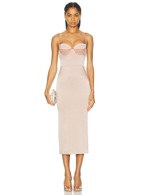 Alex Perry Satin Bustier Midi Dress in Sepia | FWRD