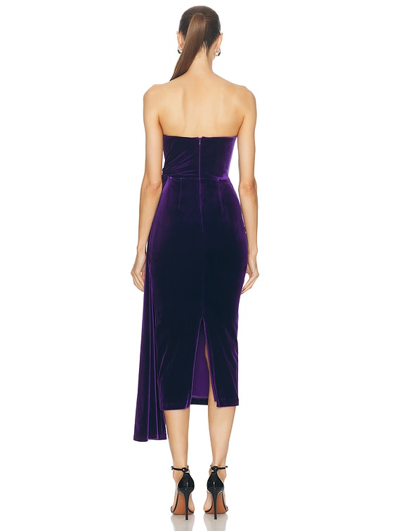 Alex Perry Strapless Twisted Velvet Midi Dress in Deep Violet | FWRD