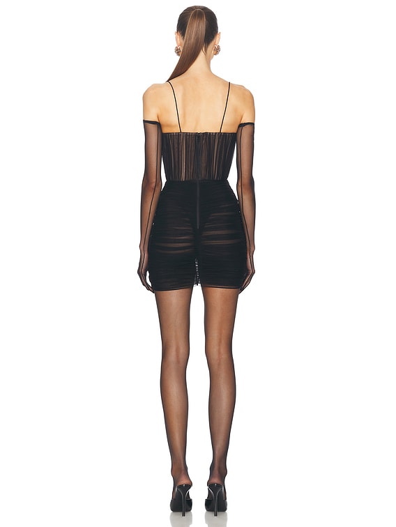 Alex Perry Ruched Mesh Bustier Mini Dress in Black | FWRD