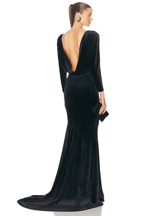 Draped Open Back Velvet Gown