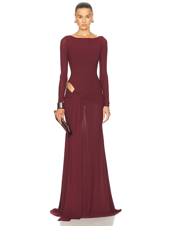 Alex Perry Wrapped Jersey Gown in Burgundy | FWRD