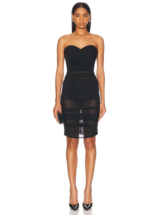 Alex Perry Ruched Power Mesh Midi Dress in Black | FWRD Alex Perry Ruched Power Mesh Midi Dress in Black | FWRD