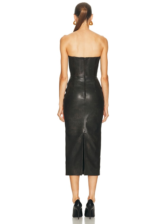 Alex Perry Strapless Leather Midi Dress in Dark Brown | FWRD