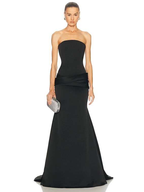 Alex Perry Strapless Curved Corset Drape Gown in Black | FWRD Alex Perry Strapless Curved Corset Drape Gown in Black | FWRD