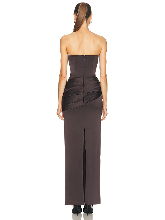 Alex Perry Strapless Curved Corset Drape Column Dress in Fig | FWRD