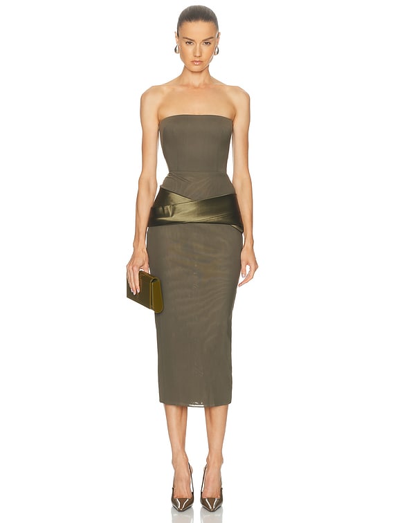 Alex Perry Strapless Satin Drape Dress in Army - Size US 8/ UK 12