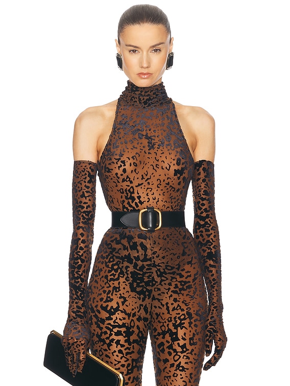 Alex Perry Leopard Burnout Mesh Bodysuit With Gloves in