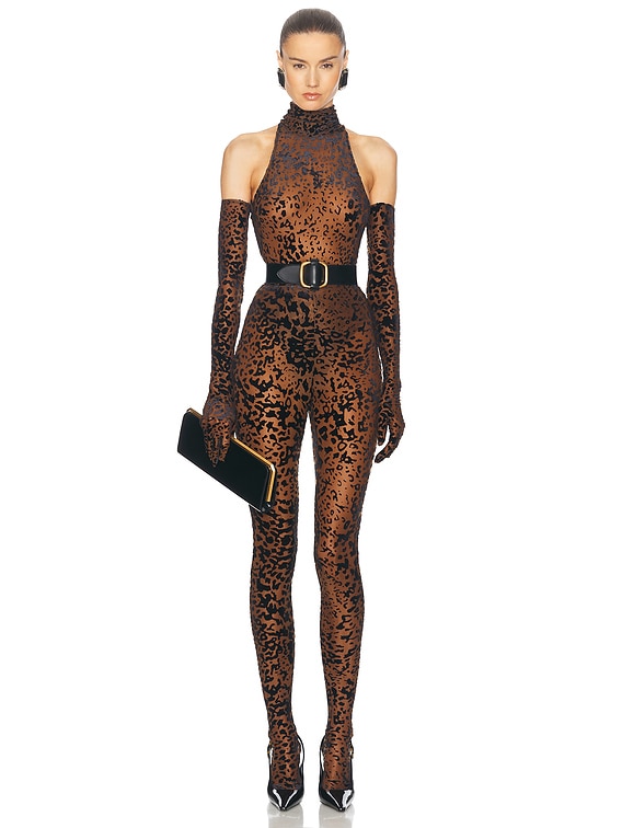 900ドル‼︎ Alex Perry レオパードプリント　ボディースーツ Alex Perry Leopard Burnout Mesh Bodysuit With Gloves in Tobacco | FWRD