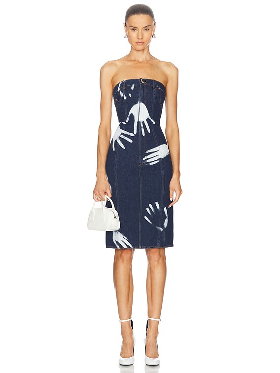 AREA Handprint Strapless Midi Dress in Dark Blue | FWRD AREA Handprint Strapless Midi Dress in Dark Blue | FWRD