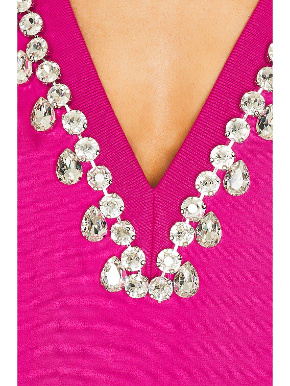 AREA V-neck Crystal T-shirt Dress in Fuchsia FWRD