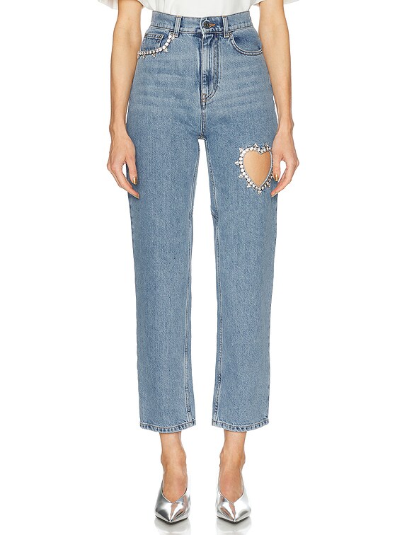 AREA Crystal Heart Straight Leg Jeans in Light Blue | FWRD