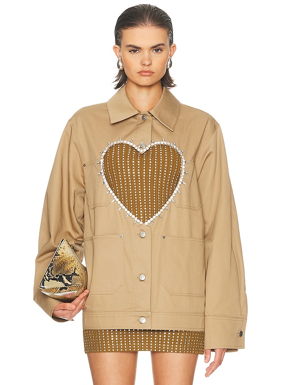 AREA Crystal Heart Cutout Cargo Jacket in Tan | FWRD