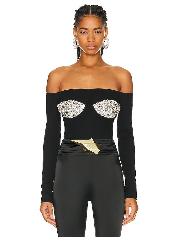 AREA Off Shoulder Crystal Cup Bustier Top in Black | FWRD