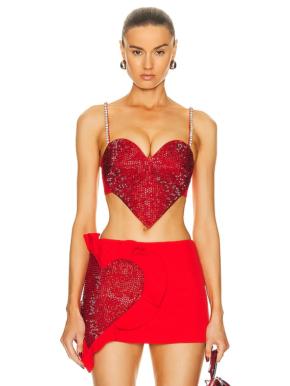 AREA Crystal Trim Heart Top in Scarlet | FWRD