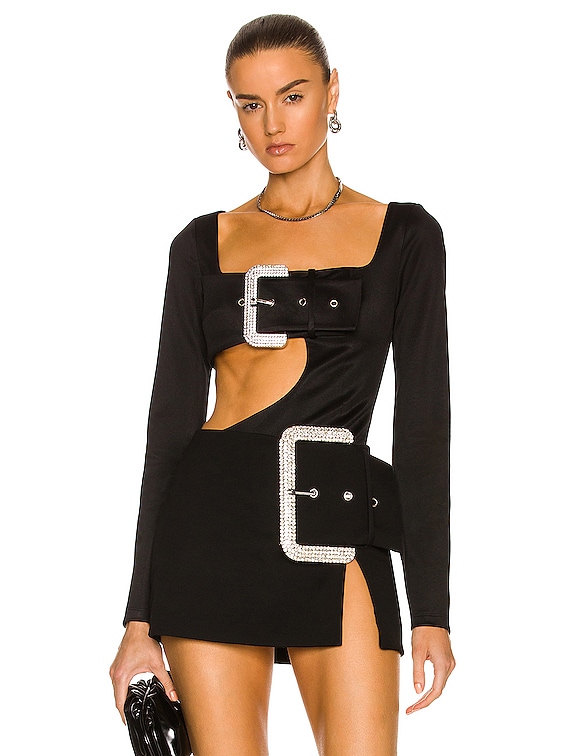 AREA Crystal Buckle Cutout Bodysuit in Black