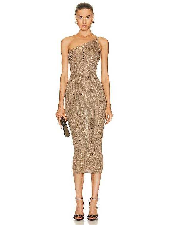 Alessandra Rich One Shoulder Dress in Gold | FWRD