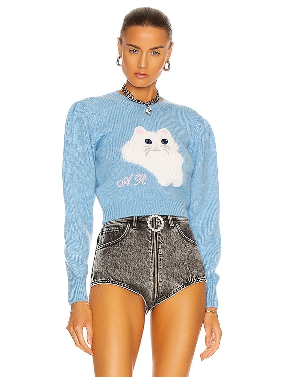 Alessandra Rich Wool Cat Intarsia Cropped Sweater in Light Blue