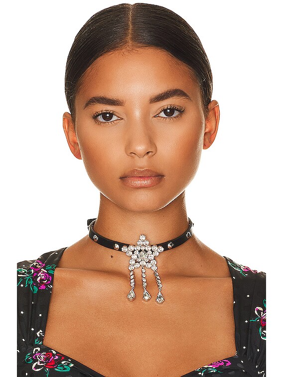 Alessandra Rich Crystal Star Embellished Leather Choker in