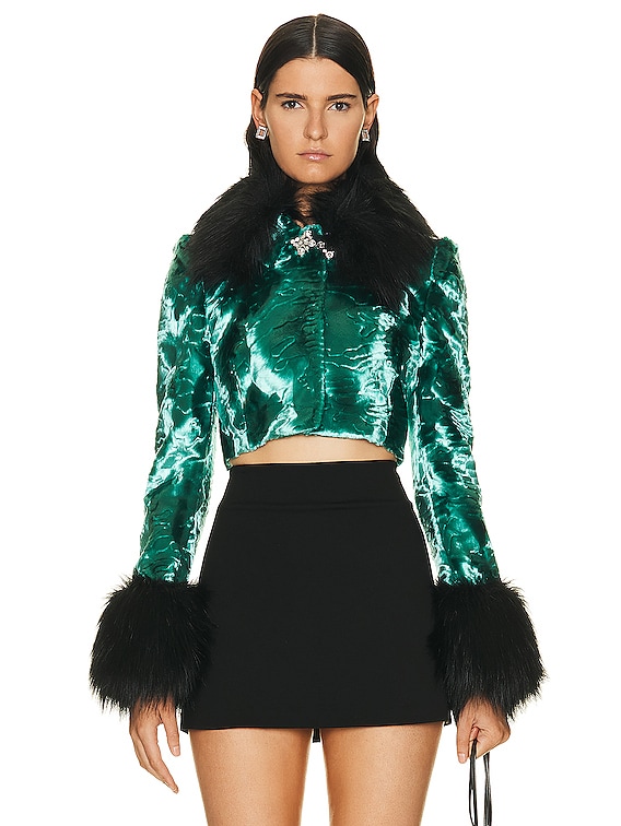 Alessandra Rich Faux Fur Cropped Jacket in Turquoise