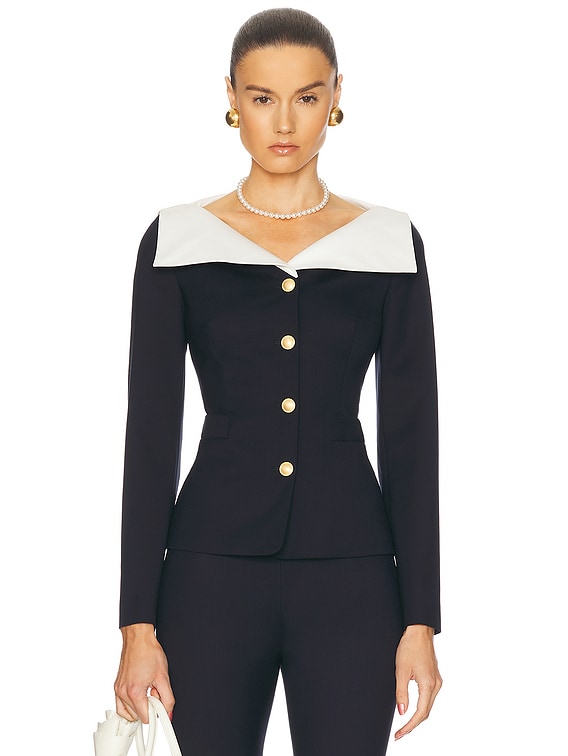 Alessandra Rich Collar Jacket in Navy Blue | FWRD Alessandra Rich Collar Jacket in Navy Blue | FWRD