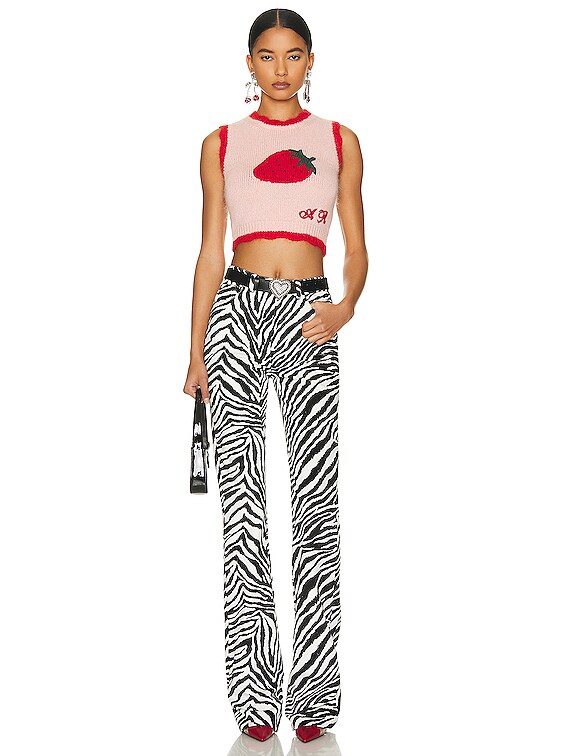 Alessandra Rich Zebra Print Velvet Flared Trouser in Black & White