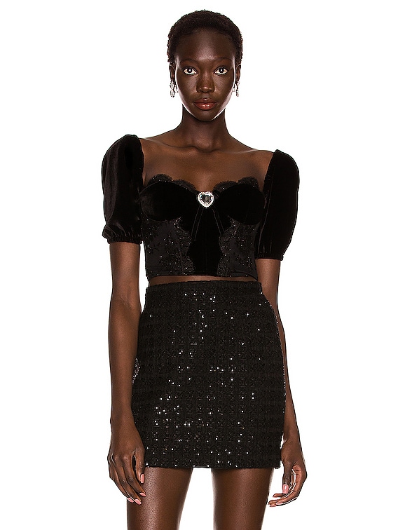 Alessandra Rich Lace Velvet Bustier Top in Black FWRD