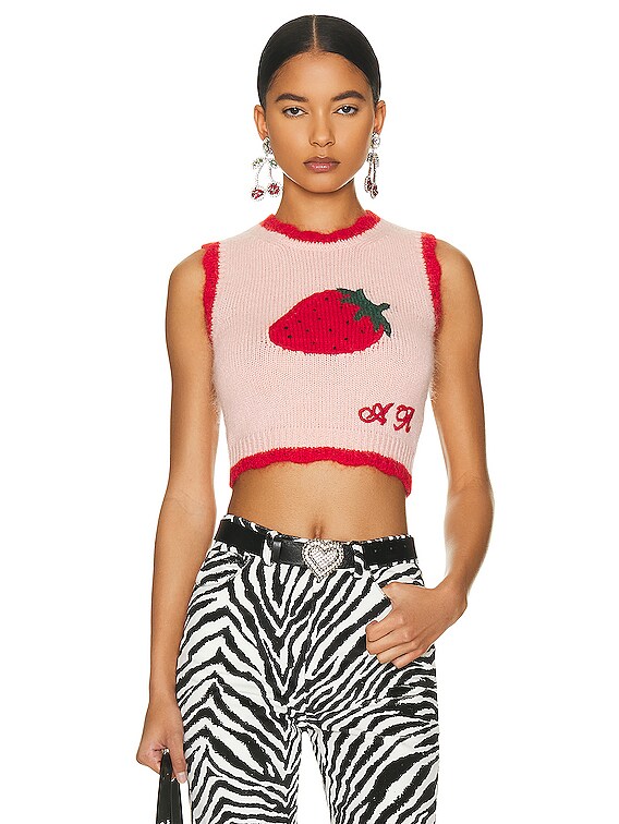 Alessandra Rich Sleeveless Knitted Mohair Top With Strawberry