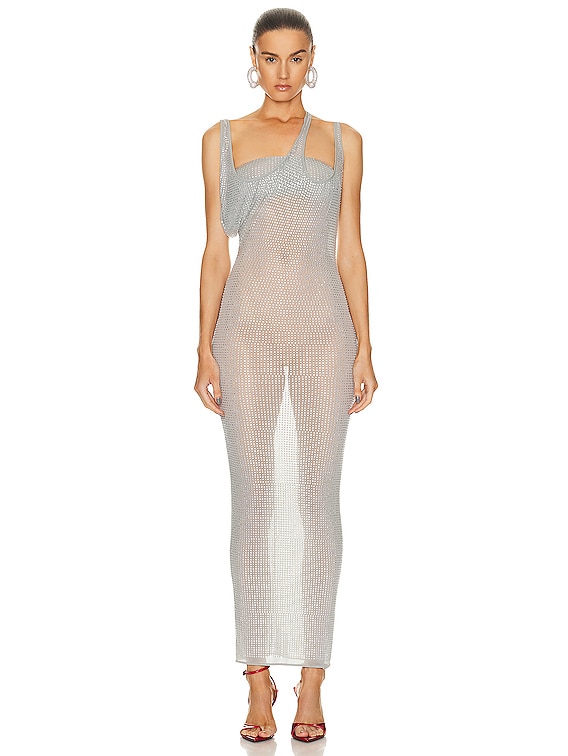 THE ATTICO Hotfixed Crystal Midi Dress in Pearl Grey | FWRD