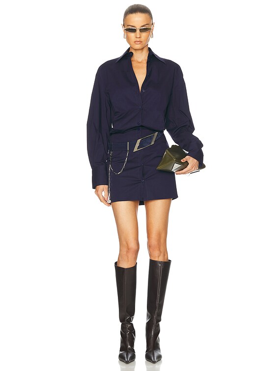 THE ATTICO Long Sleeve Shirt Mini Dress in Navy Blue | FWRD