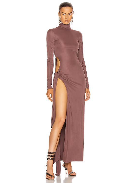 THE ATTICO Long Sleeve Ruched Maxi Dress in Brown FWRD