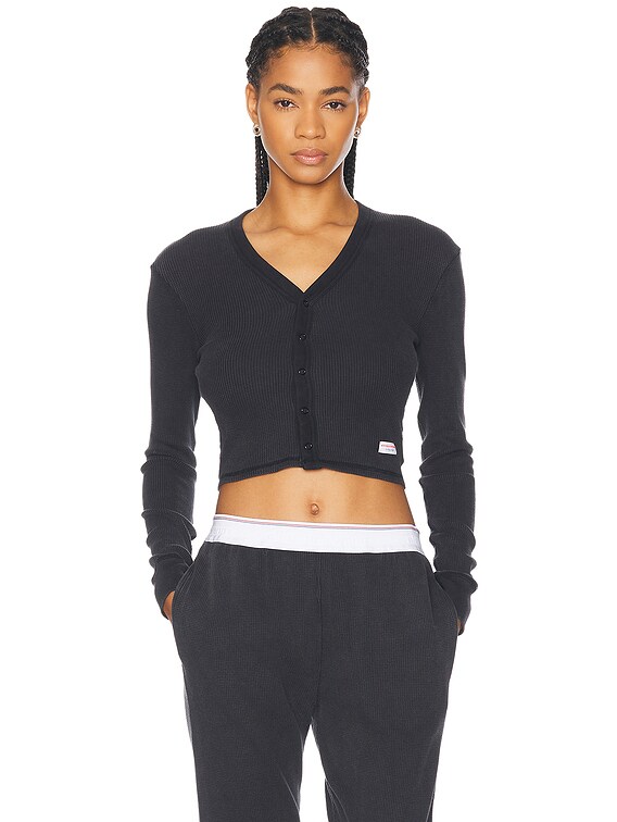 Alexander Wang Long Sleeve Waffle Cardigan in Washed Black