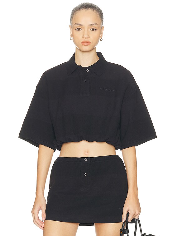 Alexander Wang Deconstructed Polo Shirt in Black Overdyed Stripe