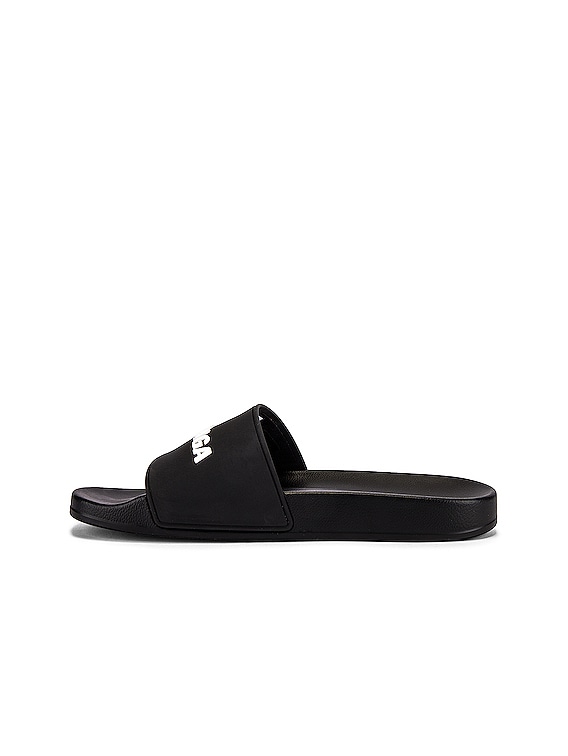 Balenciaga Logo Pool Slide in Black & White | FWRD