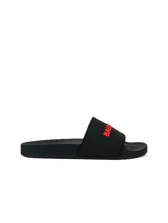 Balenciaga Logo Pool Slide in Black Red FWRD