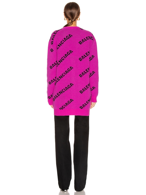 Balenciaga Long Sleeve Logo Cardigan in Pink & Black | FWRD