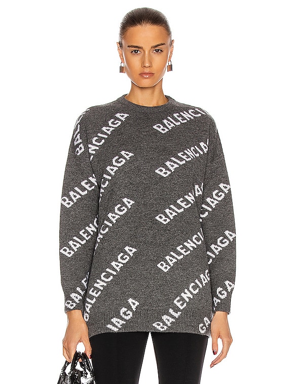 Slapper af evne hud Balenciaga Long Sleeve Logo Crew Neck Sweater in Dark Grey & White | FWRD