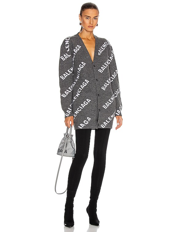 Balenciaga Long Sleeve Logo Cardigan in Dark Grey & White | FWRD