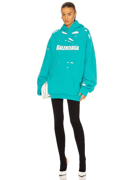 Balenciaga Destroyed Hoodie in Turquoise & White | FWRD