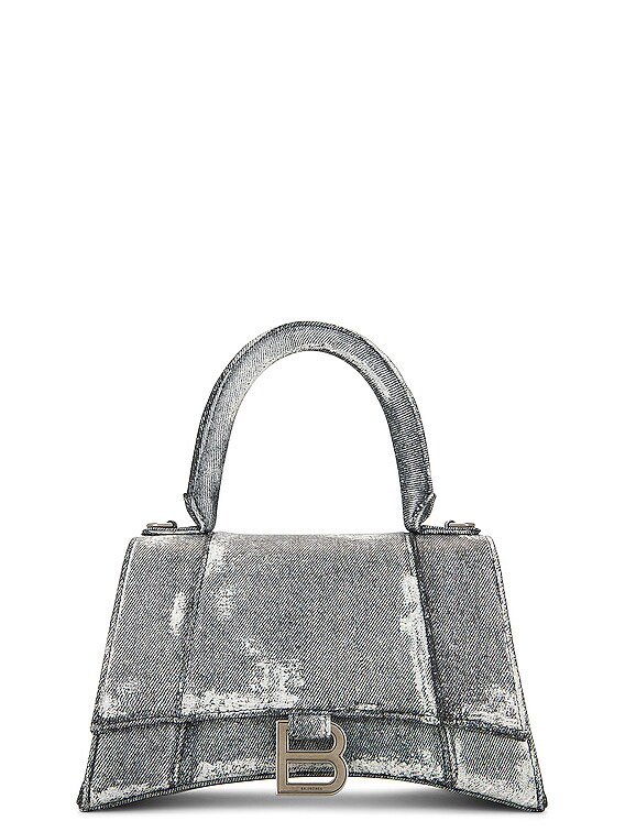 Balenciaga Hourglass Denim Print Leather Top Handle Bag in Black
