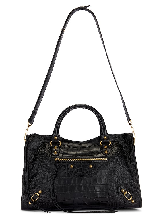 Balenciaga Le City Medium Croc Embossed Bag in Black | FWRD